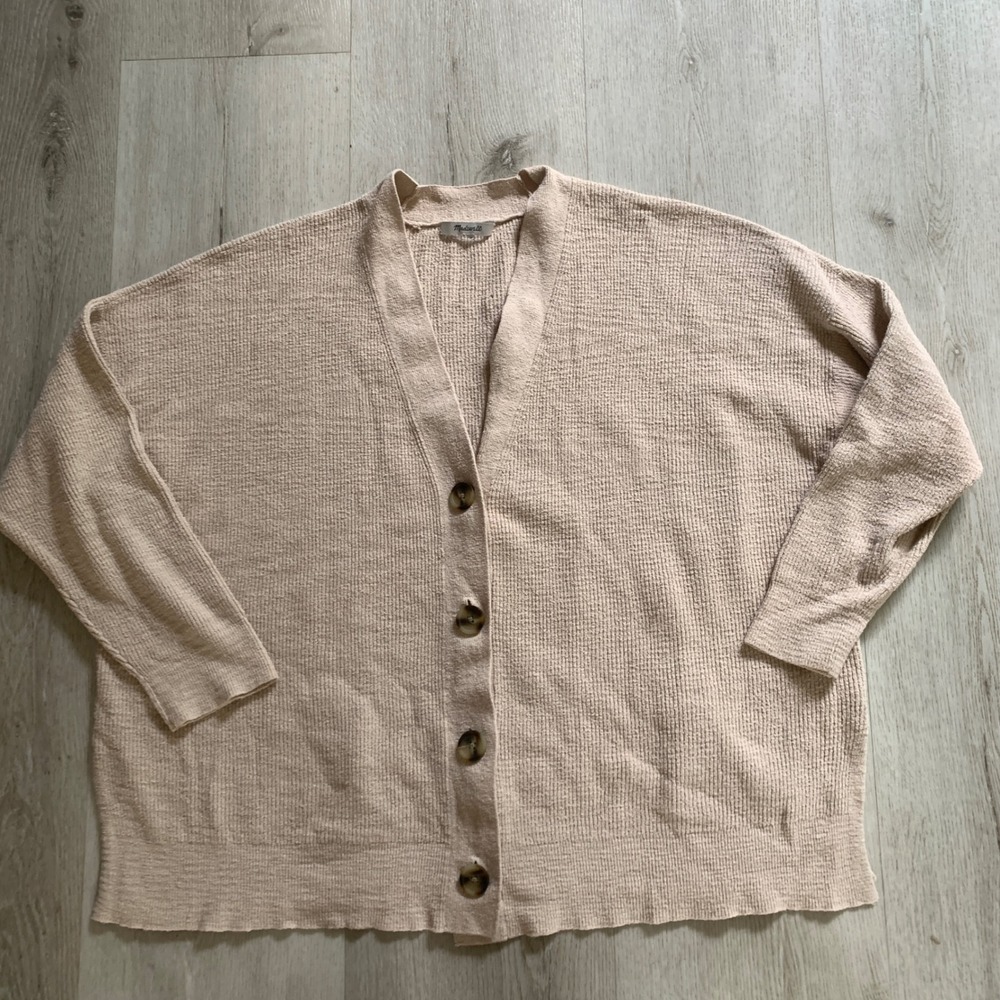 Madewell‎ Womens Cotton Blend Oversized Button Front Cardigan Sweater Pink Beige